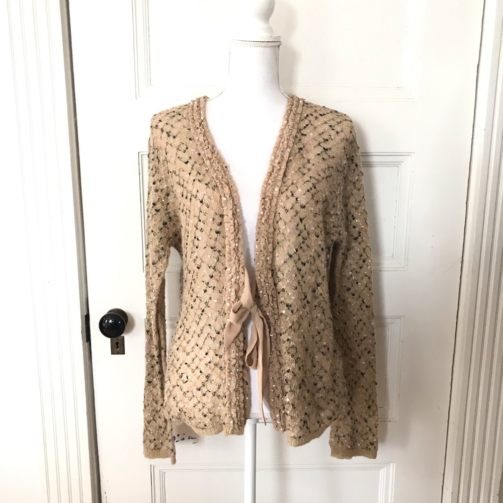 Liz Claiborne Studio Pink Brown Sequin Mohair Cardigan Tie Front